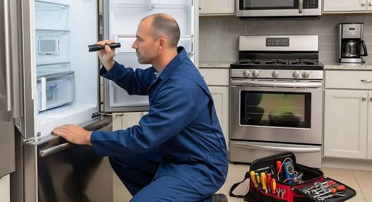 Technician inspecting the interior of a refrigerator with a flashlight and an open repair toolkit